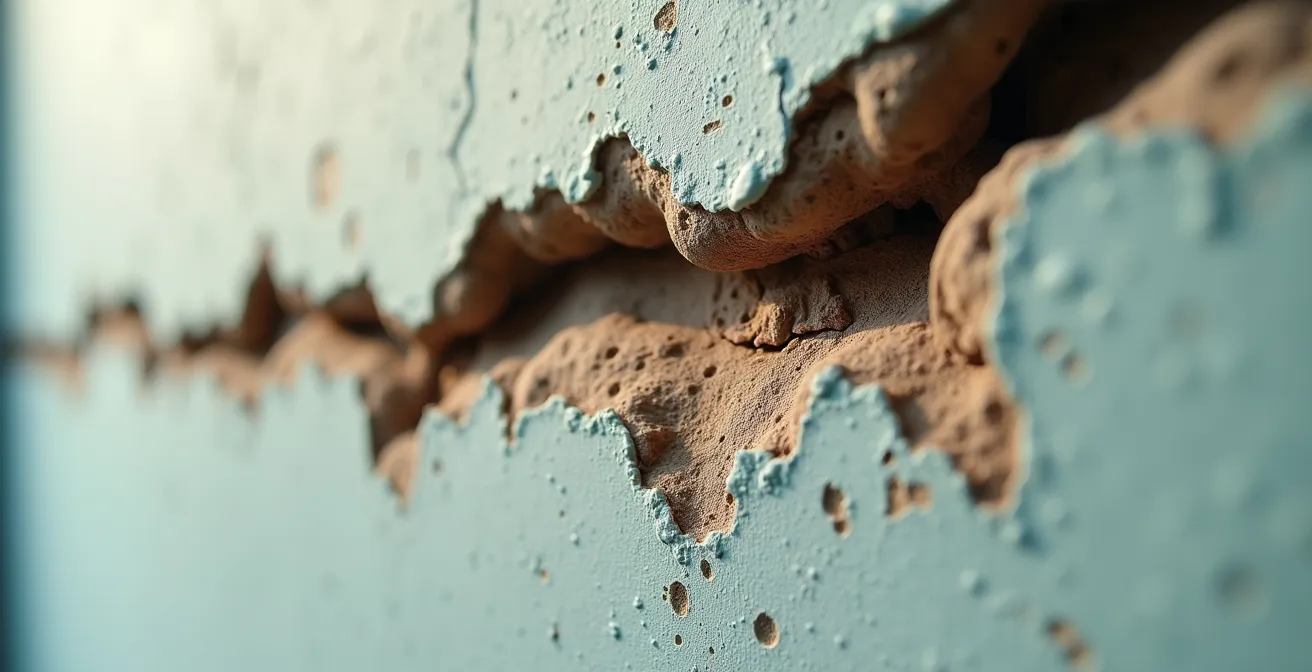 Détail macro d'une fissure structurelle sur un mur de maison montrant l'écartement et la profondeur