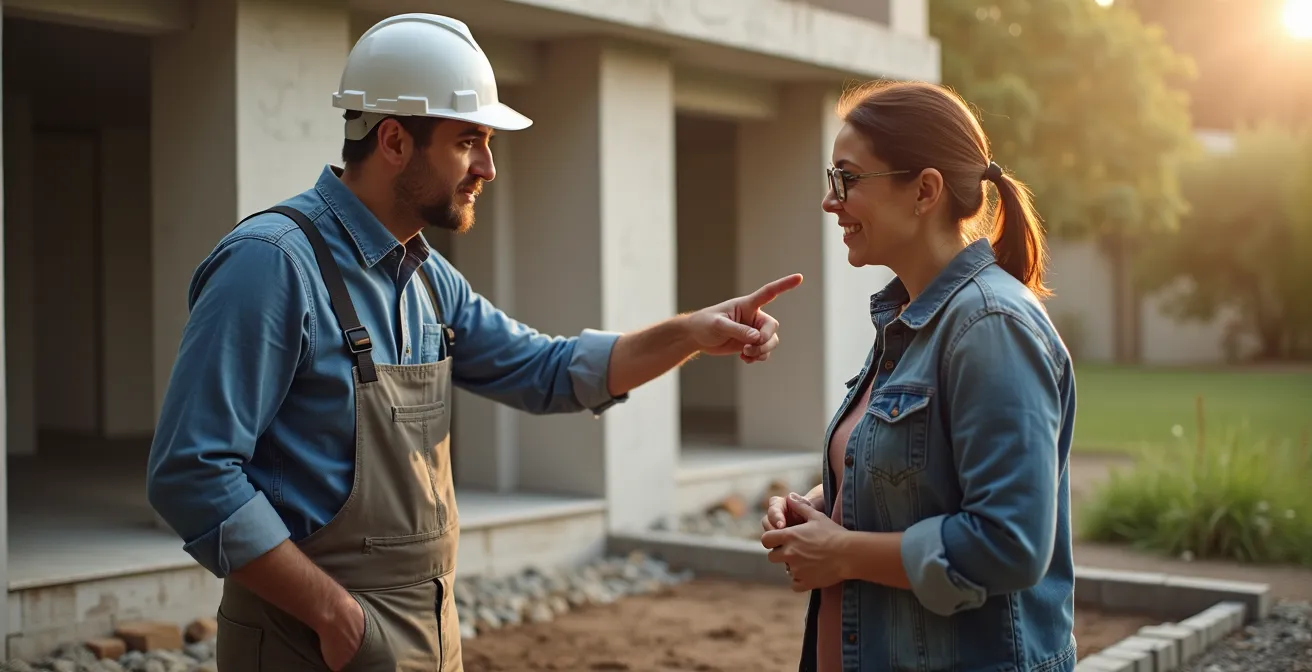 Réunion sur chantier entre architecte et propriétaire consultant des plans de fondation
