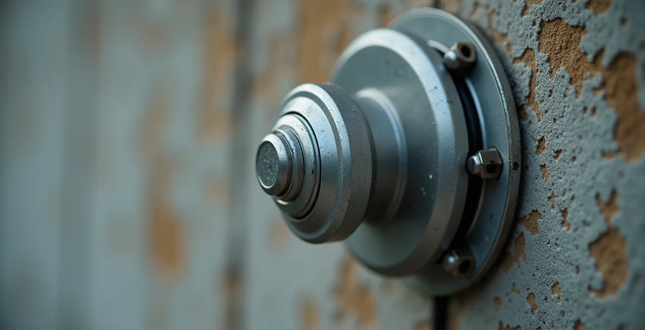 Géophone triaxial fixé sur une structure en béton pour surveillance vibratoire