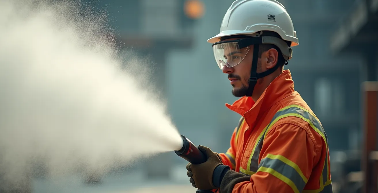 Opérateur en équipement de protection manipulant une lance d'hydrodémolition sur chantier