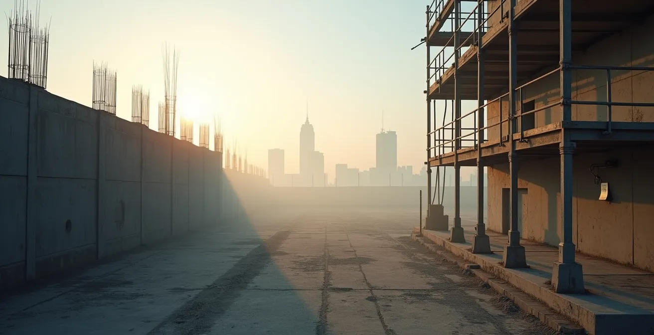 Vue d'ensemble d'un chantier à l'arrêt avec échafaudage