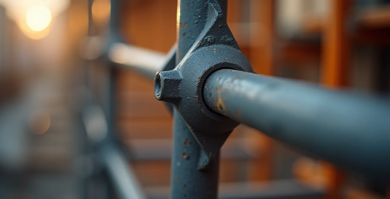 Détail macro d'un système de verrouillage d'échafaudage