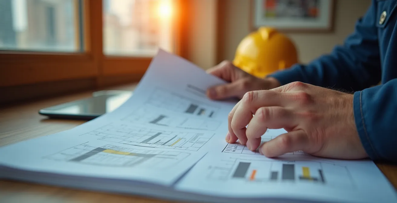 Gros plan sur des mains examinant des documents techniques d'échafaudage