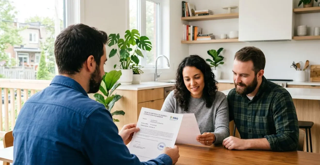 Entrepreneur certifié RBQ montrant sa licence à un couple de propriétaires lors d'une première rencontre de projet dans un salon résidentiel québécois