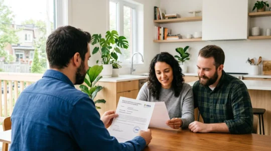 Entrepreneur certifié RBQ montrant sa licence à un couple de propriétaires lors d'une première rencontre de projet dans un salon résidentiel québécois