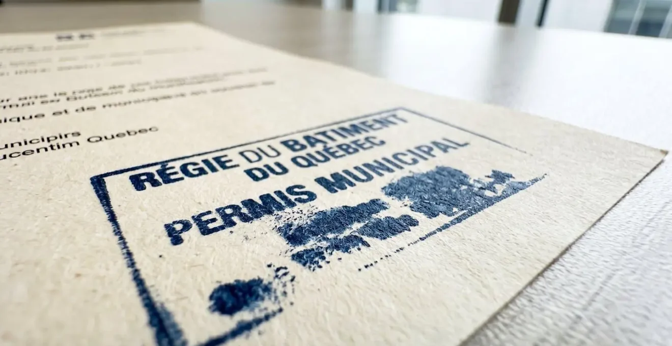 Gros plan sur un document officiel québécois avec tampon d'approbation, posé sur un bureau moderne avec une lumière naturelle latérale créant un flou artistique en arrière-plan