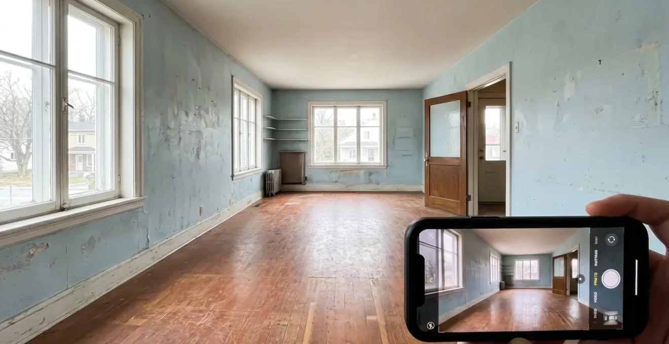 Smartphone photographiant l'état initial d'une pièce vide avant travaux, avec murs d'origine apparents et ancien revêtement de sol visible dans une maison québécoise