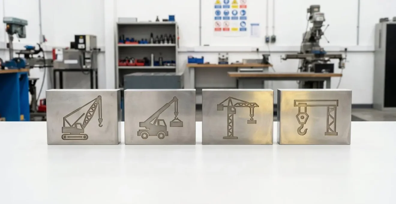 Quatre blocs de metal avec des logos graves de marques de grues.