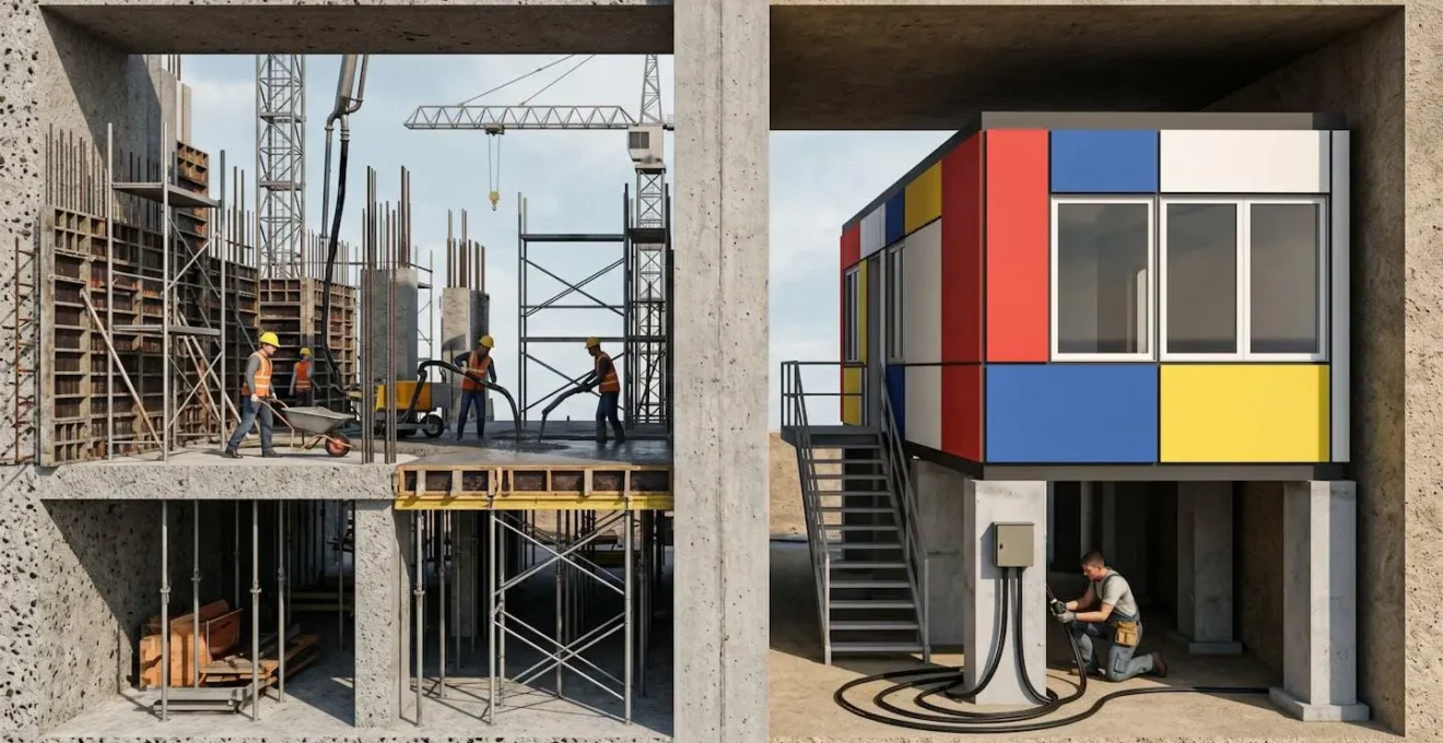 Comparaison visuelle entre un chantier traditionnel long et une installation modulaire rapide.