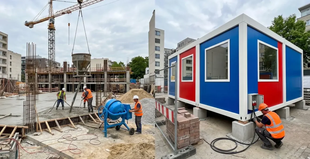 Comparaison visuelle entre un chantier traditionnel long et une installation modulaire rapide.