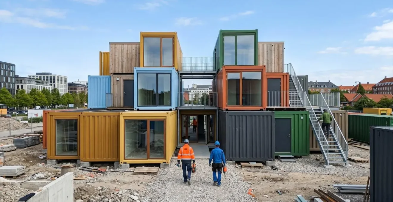 Empilement de modules de chantier colorés sur un terrain, avec des ouvriers en arrière-plan, illustrant la flexibilité modulaire.