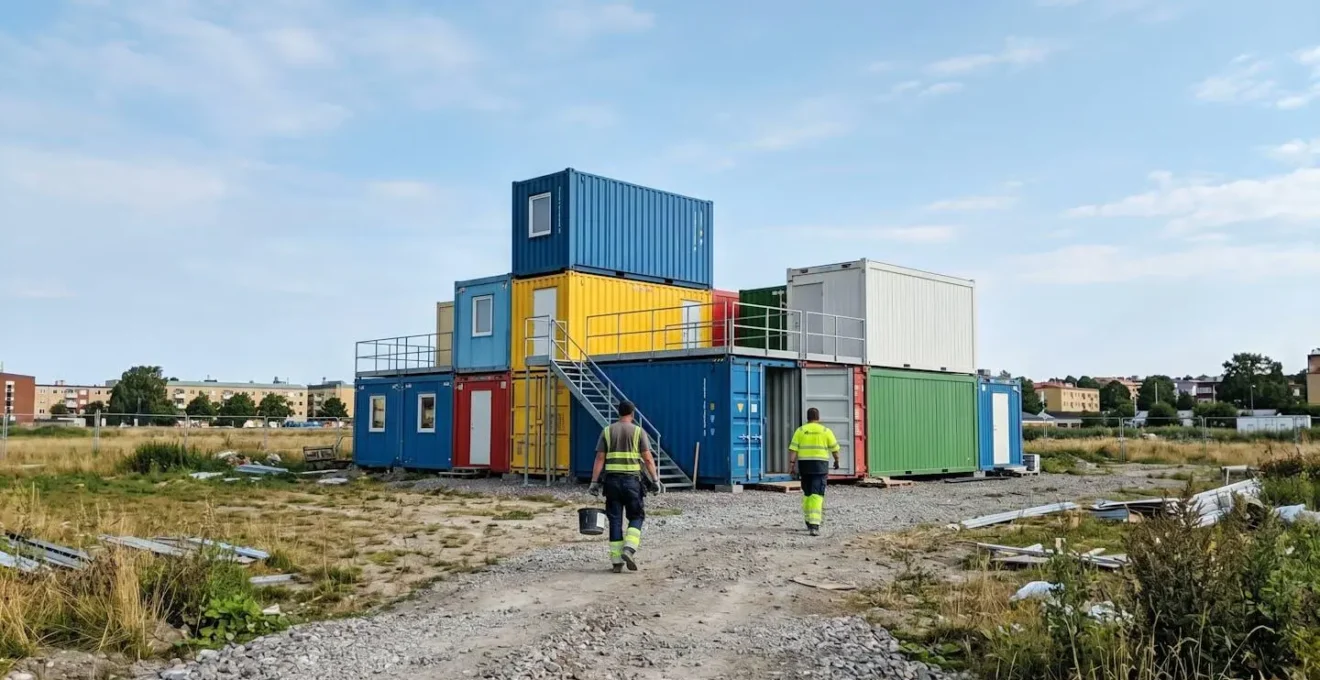 Empilement de modules de chantier colorés sur un terrain, avec des ouvriers en arrière-plan, illustrant la flexibilité modulaire.