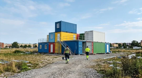 Empilement de modules de chantier colorés sur un terrain, avec des ouvriers en arrière-plan, illustrant la flexibilité modulaire.