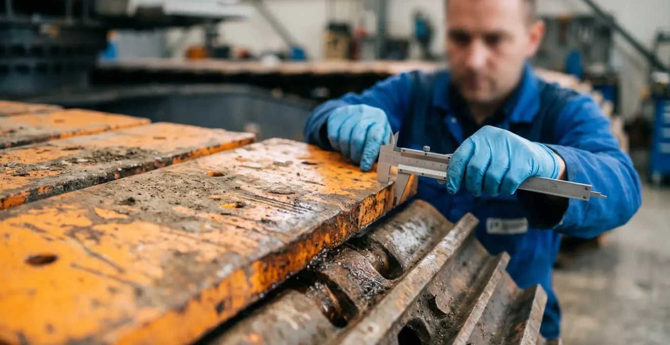 Gros plan sur les chenilles d'une grue, un technicien mesure l'usure des patins avec un pied a coulisse.