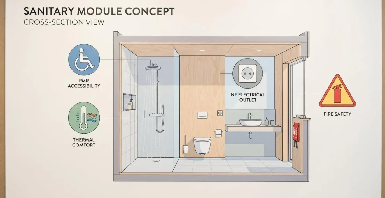 Icônes de conformité (PMR, sécurité, confort thermique) autour d'une vue en coupe de module sanitaire.