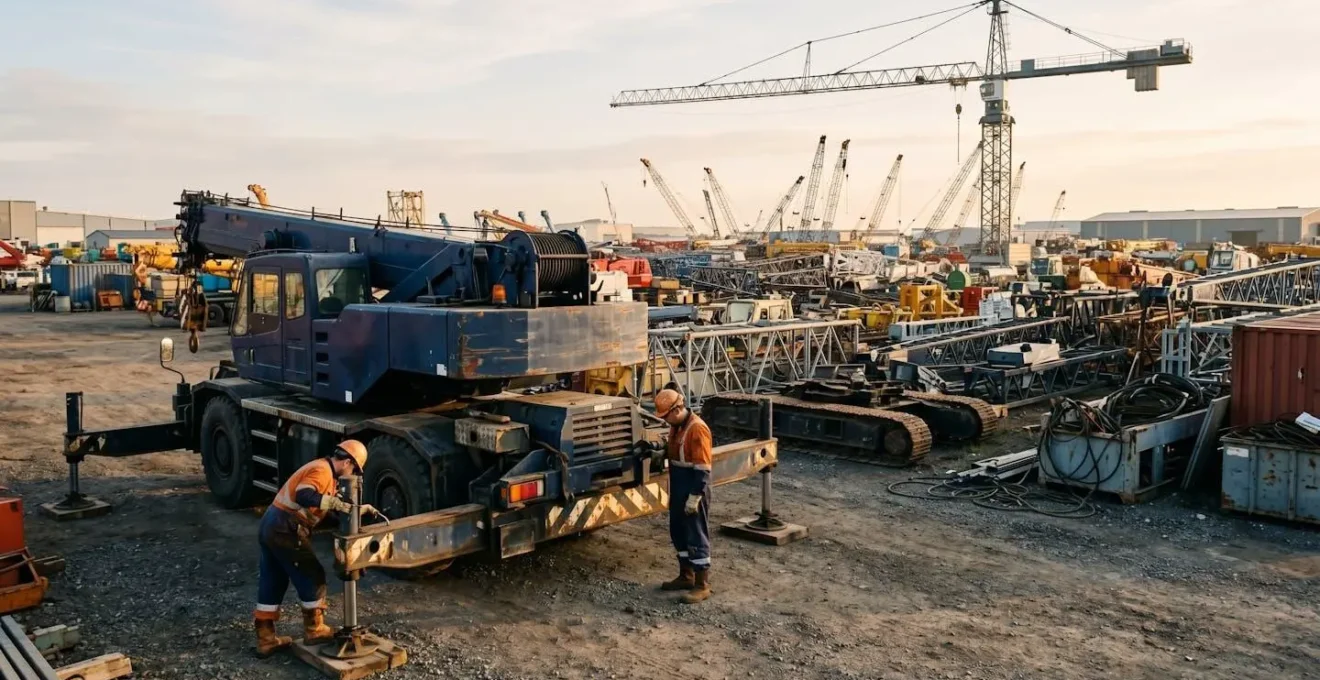 Vue aerienne d'un parc de grues d'occasion avec des techniciens inspectant une grue mobile Liebherr.