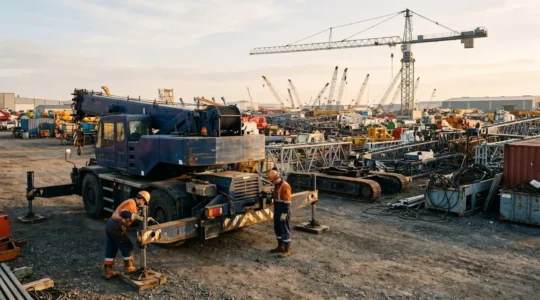 Vue aerienne d'un parc de grues d'occasion avec des techniciens inspectant une grue mobile Liebherr.