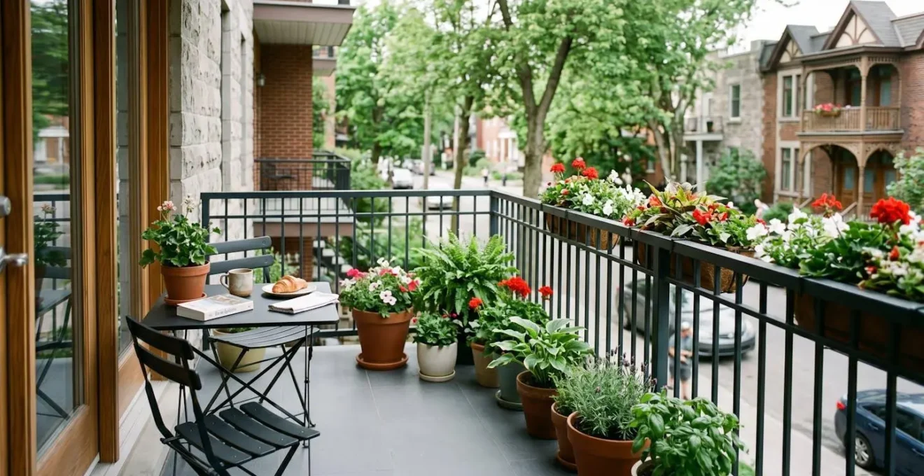 Balcon résidentiel propre et soigné avec surface antidérapante grise, entouré d'une végétation estivale au Québec
