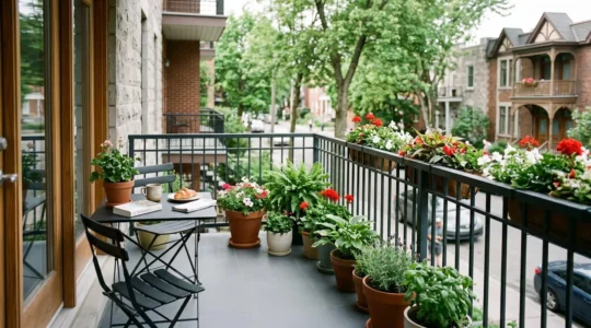 Balcon résidentiel propre et soigné avec surface antidérapante grise, entouré d'une végétation estivale au Québec