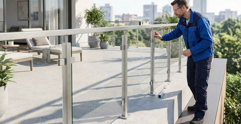 Gros plan sur les fixations d'un garde-corps métallique de balcon en cours de vérification par une main adulte