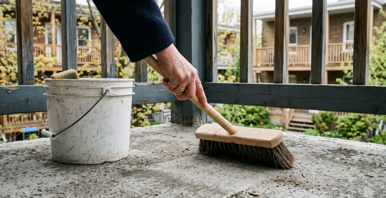 Personne en train de rincer une surface de balcon en fibre de verre avec un seau d'eau et une bros se douce au printemps