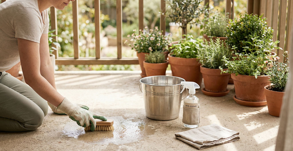 Personne en train de rincer une surface de balcon en fibre de verre avec un seau d'eau et une bros se douce au printemps
