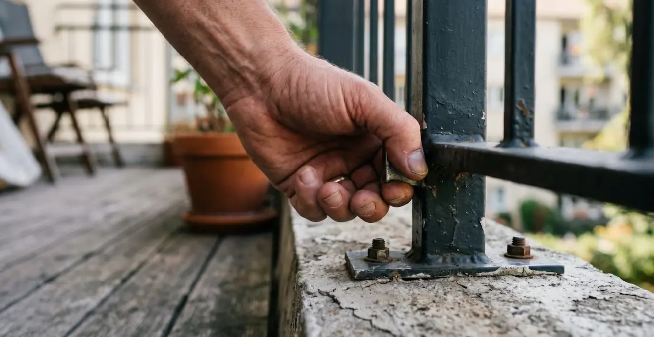 Gros plan sur les fixations d'un garde-corps métallique de balcon en cours de vérification par une main adulte